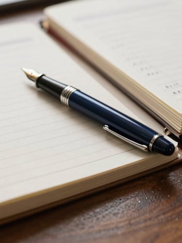 Macro shot of organized financial ledgers and a classic fountain pen on a dark oak desk, soft natural morning light, warm editorial tones, 35mm lens