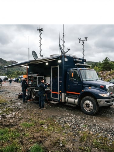 Wide panoramic shot of a SIGMA PLANNING GROUP INC mobile command vehicle deployed on-site, high-contrast overcast daylight, safety-orange accents, rugged communication gear visible, documentary photography, sharp focus, 35mm lens.