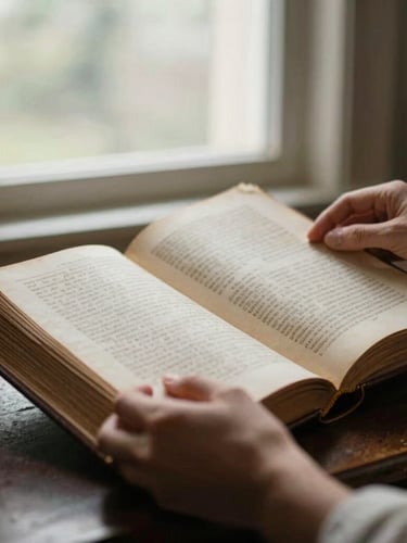 Warm editorial photograph of hands turning the pages of an ancient archival ledger book, soft natural window light, rich muted tones, shallow depth of field, 35mm film look