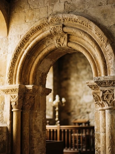 Dignified architectural detail of a historic synagogue stone archway, warm natural side-lighting, rich muted tones, shallow depth of field, 35mm film look