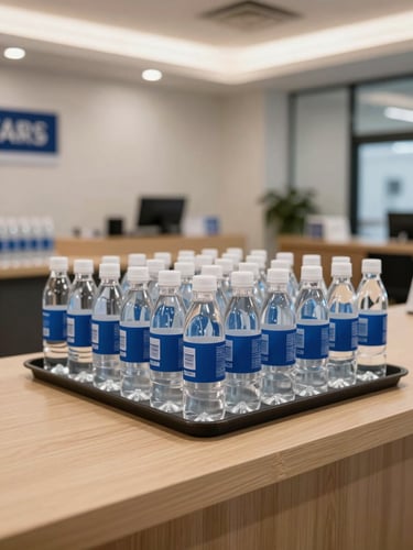 Wide angle of a real estate sales gallery reception desk, rows of identical branded water bottles lined up in a display tray, clean interior lighting, no people