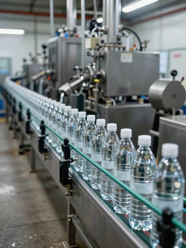 Wide industrial bottling line viewed from the side, rows of clear water bottles moving on a conveyor belt under bright facility lighting, steel machinery in the background, concrete floor visible, no people