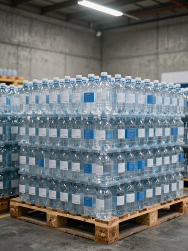 Rows of labeled water bottles stacked on warehouse pallets, wide environmental shot under industrial ceiling lighting, muted concrete walls, no people, bottles in sharp focus with labels visible