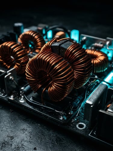 High-contrast macro image of copper-wound coils on a dark matte desk, sharp low-key neon lighting, electric cyan backlighting, industrial tech photography, macro lens, high contrast