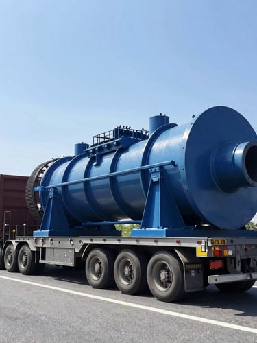 Low-angle dramatic shot of a heavy-haul multi-axle trailer carrying a massive industrial turbine on a highway, bright daylight, steel blue tones, crisp industrial photography