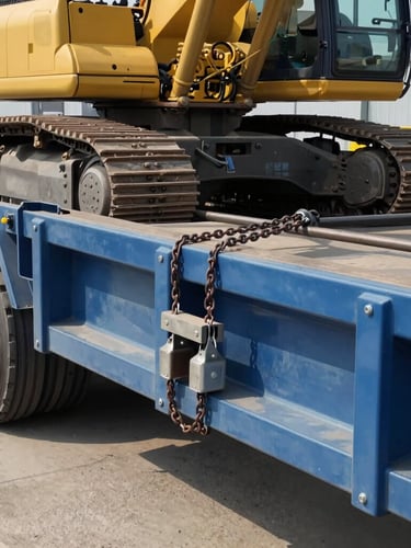 Close-up of industrial heavy-haul trailer rigging, steel chains and tensioners securing a massive yellow excavator track, bright natural daylight, crisp focus