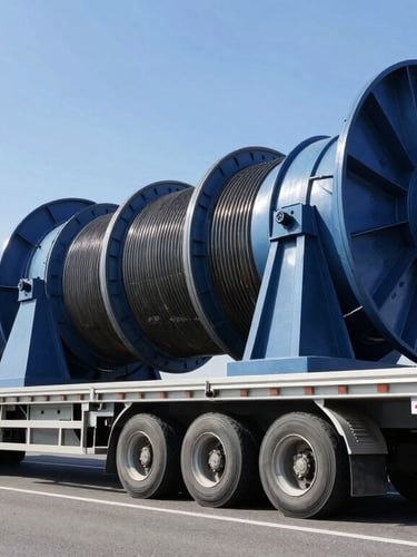 Low-angle dramatic shot of a multi-axle heavy transport trailer carrying a massive industrial turbine on a wide highway, bright daylight, steel blue tones