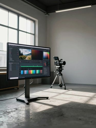 Wide environmental shot of a working creative studio interior — large monitor displaying a color-grade timeline at center-left, camera equipment on a stand in the background, soft north-facing window light raking across a concrete work surface, no people visible, generous negative space to the right edge