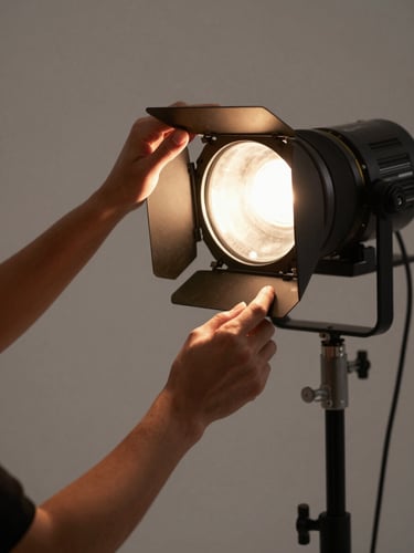 Close-up of a film lighting rig being adjusted on a studio set, hands reaching into frame from the left, tungsten fresnel casting a sharp beam across a neutral backdrop, precise and purposeful