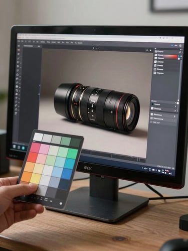 Tight crop of a studio monitor displaying a color-corrected campaign image, a hand holding a color reference card beside the screen, even north-facing daylight, precise and editorial