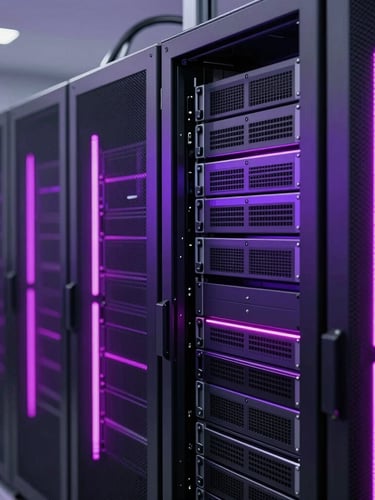Sleek corporate technology photography, sharp focus on a modern server rack with purple and magenta LED lighting accents, clean technical environment, 35mm lens
