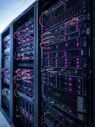 Sleek corporate technology photography, close-up of server racks with glowing purple and magenta LED accents, sharp focus, 35mm lens