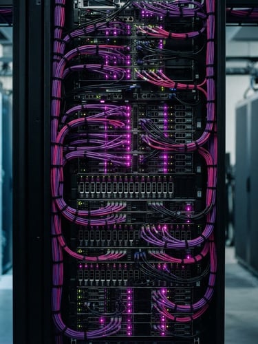 Sleek corporate technology photography, close-up of a high-density server rack with glowing purple and magenta LED indicators, clean geometric cable management, 35mm lens.