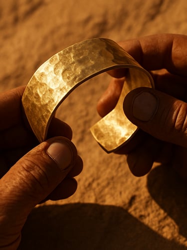 Close-up of artisan hands holding a raw, heavy gold-toned brass cuff, showing hammer marks and raw texture, warm low-angle golden hour light