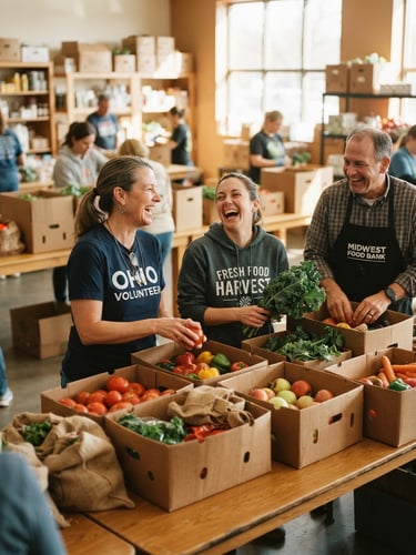 Warm candid photo of Ohio volunteers laughing while packing fresh produce boxes in a bright community center, natural daylight, 35mm