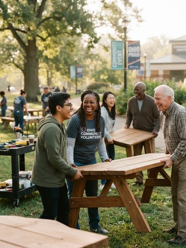 Warm candid photo of Ohio volunteers of diverse ages laughing together while setting up outdoor community tables under soft morning sunlight, 35mm