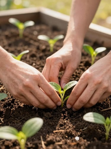 Candid close-up of hands planting green seedlings in a rich soil community garden bed, warm Ohio golden hour sunlight, shallow depth of field, 35mm
