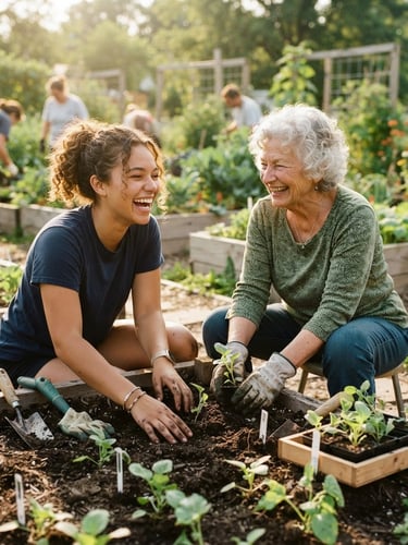 A warm, candid mid-shot of two volunteers, a young adult and an older resident, laughing together while planting seedlings in a sunny Ohio community garden, shallow depth of field, natural golden light.