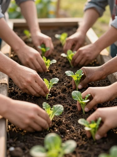 Candid shot of diverse hands planting green vegetable starts in a rich soil community garden bed, warm golden hour light, shallow depth of field
