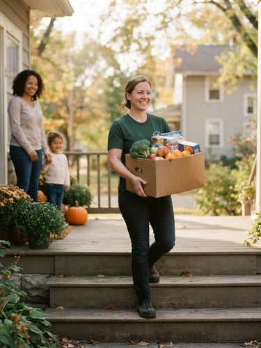 Candid photo of a friendly volunteer carrying a fresh grocery box to an Ohio family porch, warm natural daylight, shallow depth of field