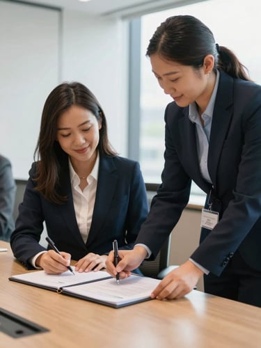 A professional corporate meeting room where a female executive and an NGO director are signing an alliance agreement, bright natural light, smiling