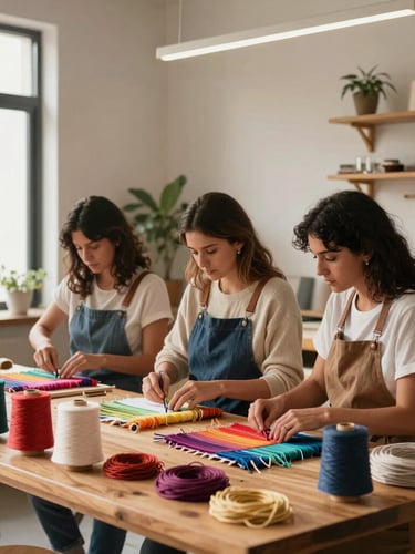 Plano medio de tres mujeres artesanas trabajando juntas en un taller textil moderno y luminoso, hilos de colores sobre una mesa de madera clara, luz de día.