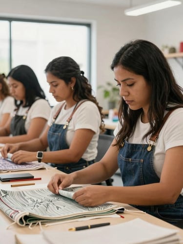 Bright daylight medium shot of Latin American women entrepreneurs actively working in a modern professional workshop, crafting high-quality textiles, focused and proud.