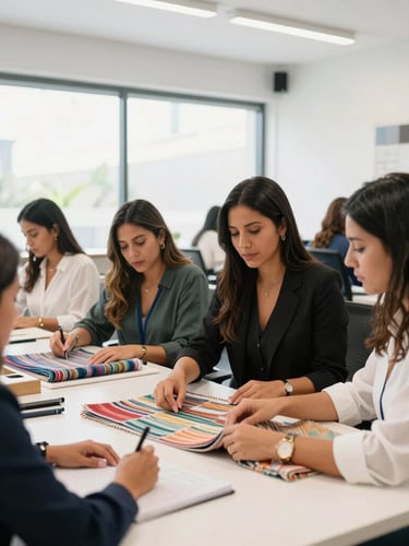 Wide shot of Latin American women entrepreneurs working in a brightly lit, modern design workshop, discussing textile patterns, professional daylight, high-trust corporate environment.