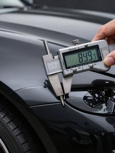Sharp high-contrast macro shot of a digital micrometer gauge measuring the paint thickness on a pristine black luxury car fender, clean studio lighting, focus on the digital screen showing precise numbers.