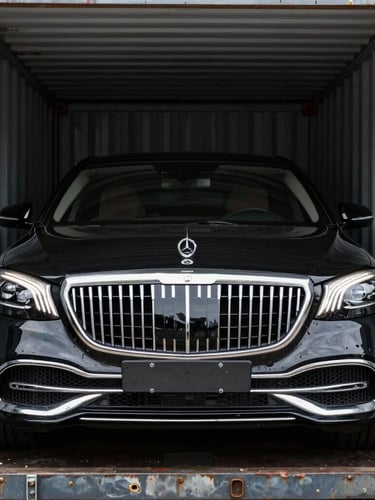 Sharp daylight close-up of a luxury German sedan front grille inside a clean shipping container, steel walls framing the vehicle, high contrast
