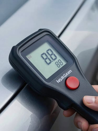 Close-up macro of a digital paint thickness gauge measuring the pristine metallic fender of a luxury German car, sharp focus on the numeric display, cold studio lighting.