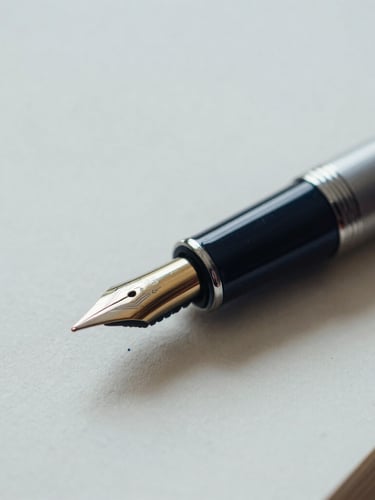 Extreme close-up of a luxury gold-nibbed fountain pen resting on heavy textured cream paper stock, soft shadows, cool overcast morning light, 35mm