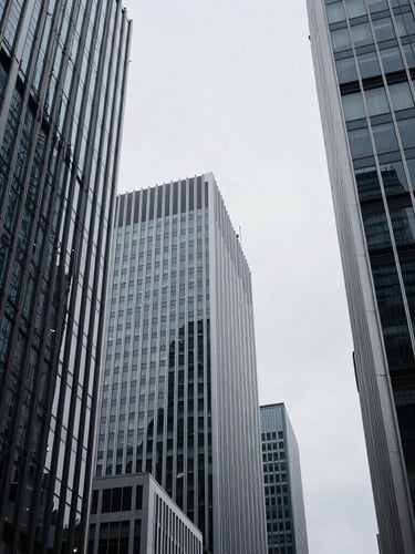 Low-angle architectural crop of a modern European financial district, cool overcast daylight, desaturated navy and platinum tones, 35mm