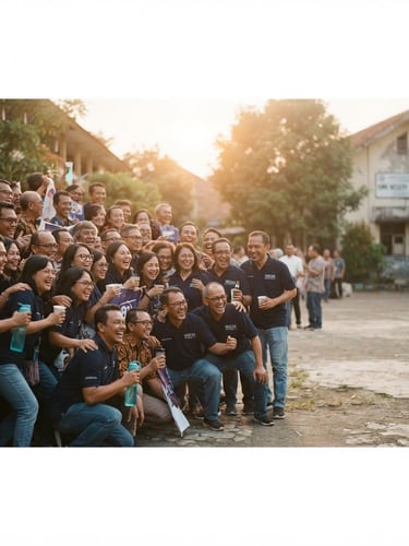 Wide shot of SMEAN Karawang class of 1993 alumni group photo, warm nostalgic photography, soft golden hour light, faded vintage analog tones, 35mm film aesthetic, all alumni laughing and connecting, off-center to the left, with negative space to the right.