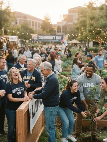Wide shot of alumni group participating in a community social activity, laughing and helping each other, warm nostalgic photography, soft golden hour light, faded vintage analog tones, 35mm film aesthetic