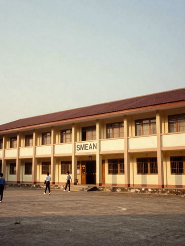 Archival photo of the old SMEAN Karawang school building exterior in the 1990s, warm nostalgic photography, soft faded vintage analog tones, 35mm film aesthetic, low angle, wide shot showing the building facade and a few students walking by.