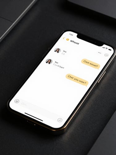 Sleek dark-mode technology photography, high-contrast gold light accents, close-up of a mobile screen displaying a clean chat interface on a minimalist obsidian desk, sharp focus, 35mm lens