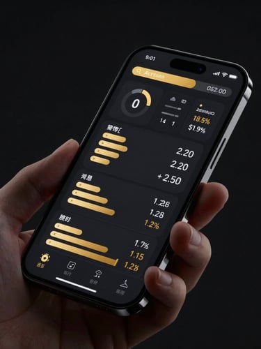 Sleek dark-mode technology photography, macro shot of a hand holding a smartphone displaying an active automated dashboard with golden metrics, high contrast