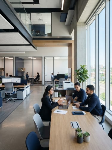 A bright, modern corporate office in Brampton, Ontario, with natural window light, clean architectural lines, and a professional workspace layout.