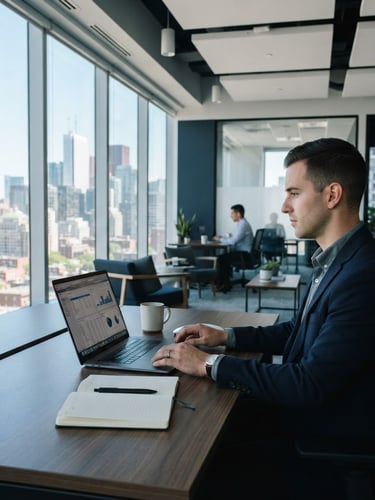 A clean, modern corporate office in Toronto with bright natural window light, structured desk setup, cool navy and grey tones, professional 35mm photography.