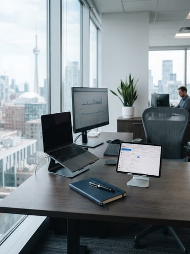 A clean corporate office in Ontario, bright natural window light, a professional desk setup with a tablet and notebook, cool navy and grey tones, 35mm.