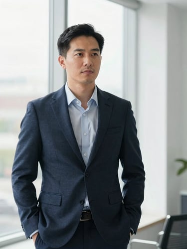 A professional business owner in a modern Brampton office, looking focused and reliable, with clean natural window light.