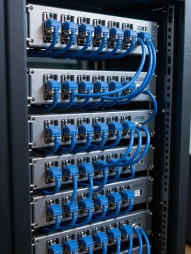 Clean server rack with perfectly organized blue ethernet cables, sharp focus, cool professional lighting
