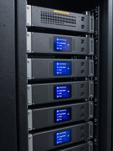 Close-up of network switch hardware in a server rack with yellow and blue ethernet cables connected.