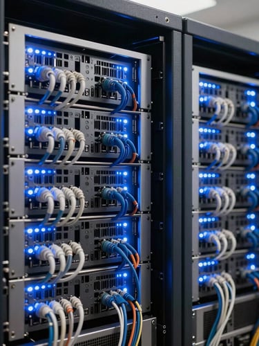 Vista lateral de un rack de servidores iluminado con luces LED azules y blancas, cables perfectamente ordenados, enfoque nítido, estilo corporativo.