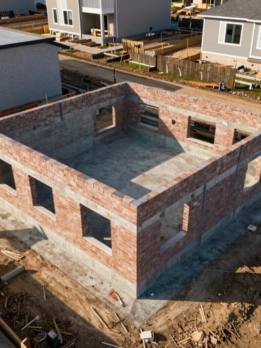 Overhead drone shot of a clean residential construction site, bright daylight, sharp details of brickwork and concrete foundation, professional real estate style