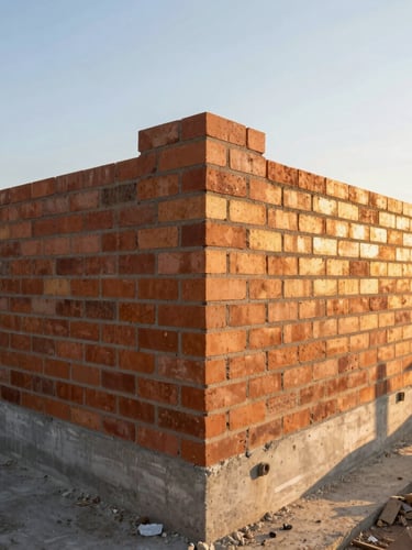 Close-up of high-quality brickwork and concrete foundations at a residential construction site, warm golden hour light, sharp architectural details.