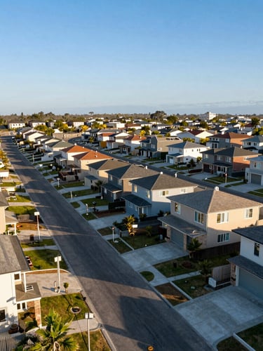 Overhead drone shot of a clean, organized residential neighborhood with paved streets and modern houses under a clear blue sky, warm daylight