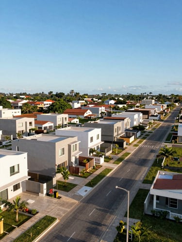 Drone shot of a beautifully structured, completed residential allotment in Pernambuco, clean paved streets, green areas, bright clear blue sky, warm daylight.