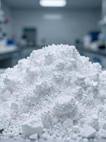 Macro-lens close-up of pure white crystalline Soda Ash compound inside a cool-toned laboratory setting, sharp focus, metallic background